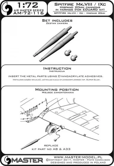 Spitfire Mk.VIII/IXc - 20mm cannons in fairings 1:72