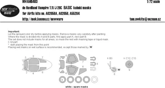 Vampire T.11/J-28C BASIC mask for Airfix 1:72