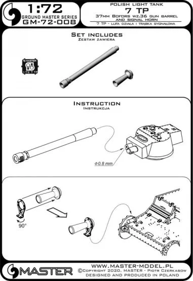 7TP - 37mm Bofors wz.36 gun barrel and signal horn 1:72