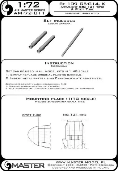 Bf 109G5 - G14, K armament set & Pitot Tube 1:72