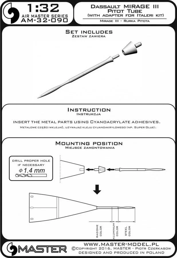Mirage III - Pitot Tube (w/ adapter for Italeri kit) 1:32