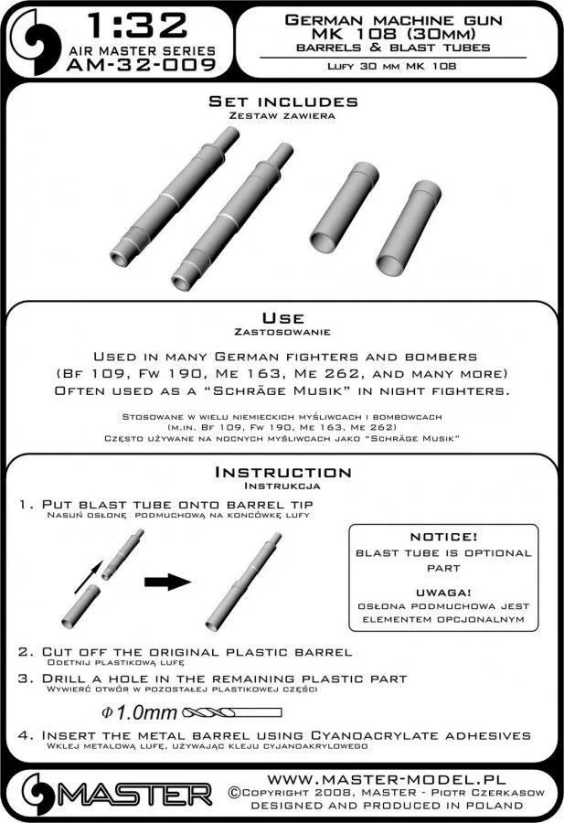 German aircraft MG MK 108 barrels & blas tubes 1:32