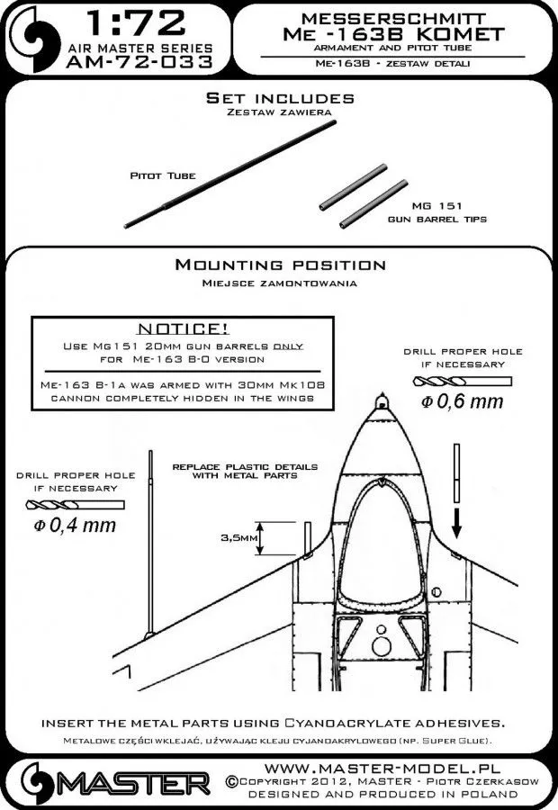 Me-163A Komet - armament set & Pitot Tube 1:72