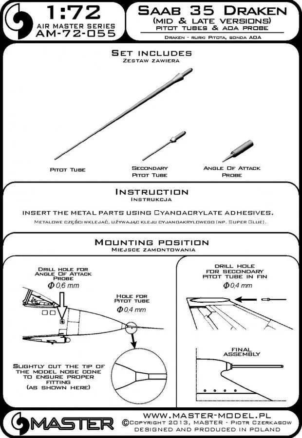 SAAB 35 Draken (mid,late v.) - Pitot Tubes & A.O.A. 1:72